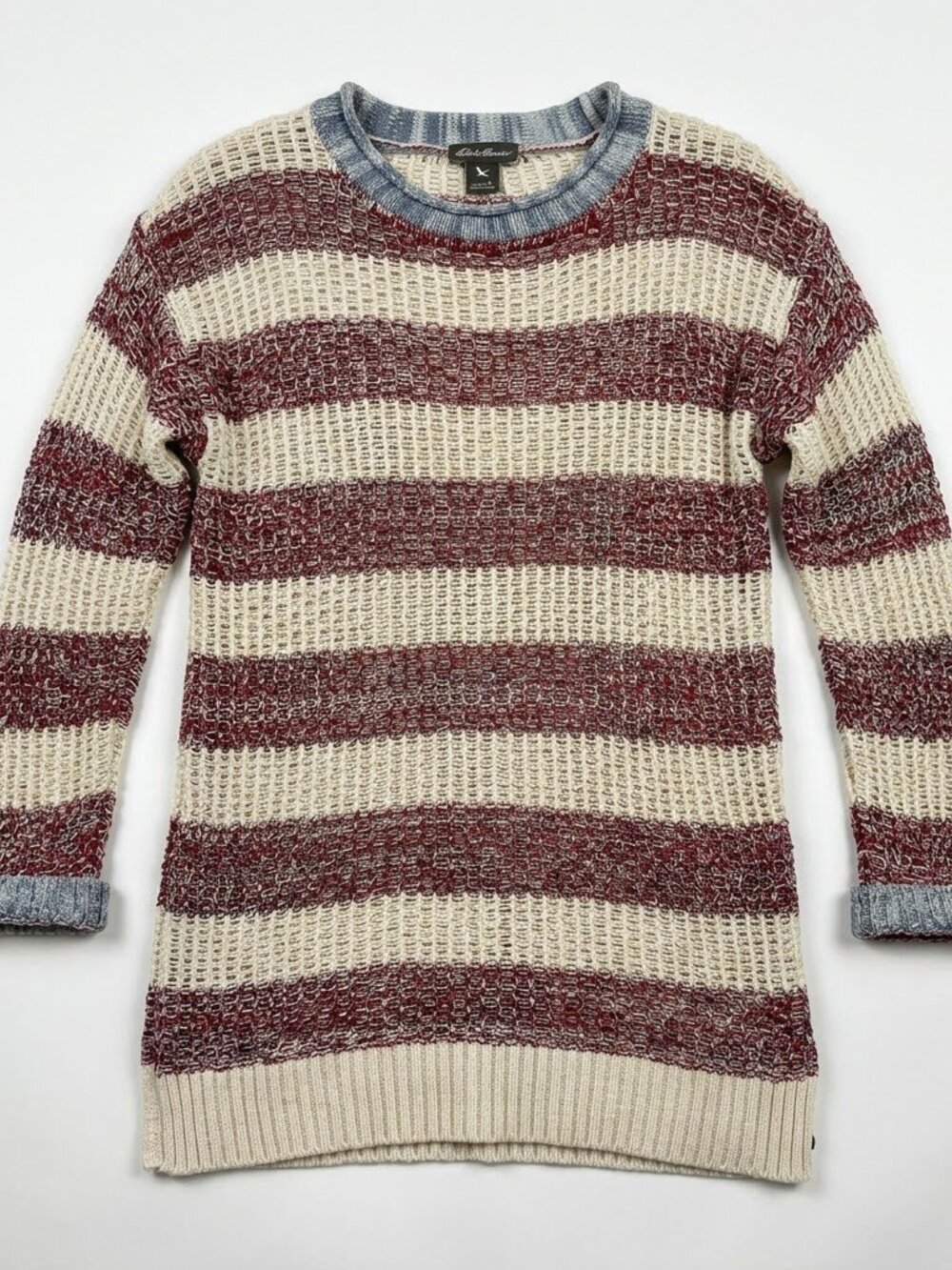 Eddie Bauer Striped Chunky Knit Sweater Medium Maroon Blue Ringer 90s